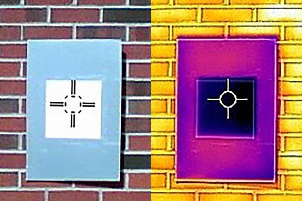 Eine Infrarotkamera zeigt, wie eine Probe der weißesten weißen Farbe (das dunkelviolette Quadrat in der Mitte) die Platte tatsächlich unter die Umgebungstemperatur abkühlt, etwas, das nicht einmal handelsübliche "wärmeabweisende" Farben tun.