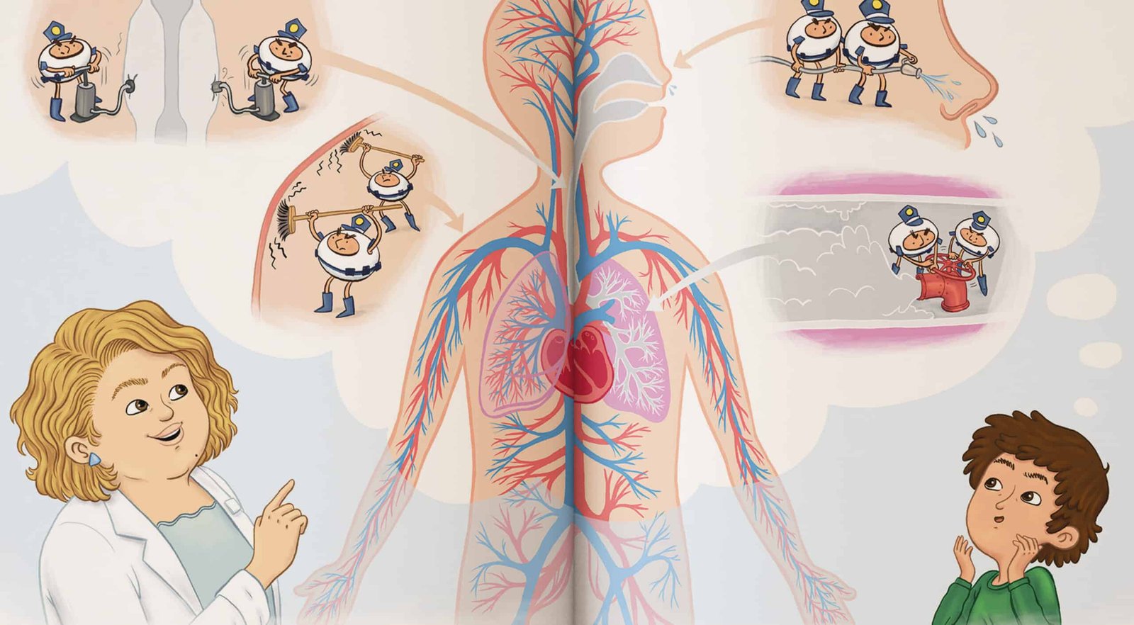 Illustration von einer Ärztin und einem Jungen vor den Arterien- und Venenverläufe im Körper.