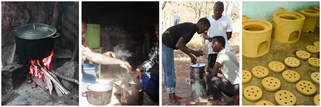Vier aufeinander folgende Fotos zeigen die Entwicklung der Kochermodelle von dem Projekt: „Nachhaltige BioPellets für Madagaskar“. Das erste Bild zeigt die Verwendung von Holz zum Kochen. Das zweite Bild zeigt das Ausprobieren des Miscanthus-Grases zum Kochen. Das dritte Bild zeigt drei Schwarze Männer bei der Entwicklung des Prototypen der Kocher. Das vierte Bild zeigt die zukünftigen Kocher in Ton oder Lehm, wie sie an die Bevölkerung weiter gegeben werden können.