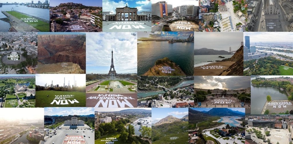 Eine Collage von Orten, auf deren Böden "Vjosa National Park Now" geschrieben wurde. Durch die Kampagne soll der Wildfluss geschützt werden