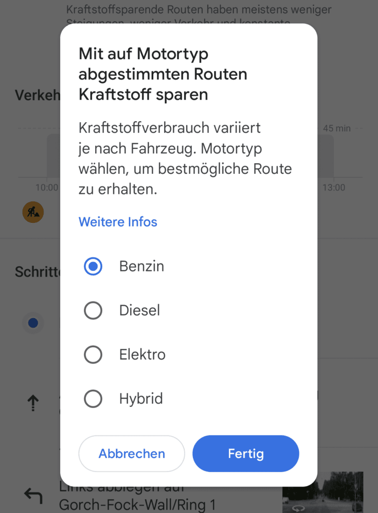 In den Einstellungen von Google Maps kann der Motortyp festgelegt werden.